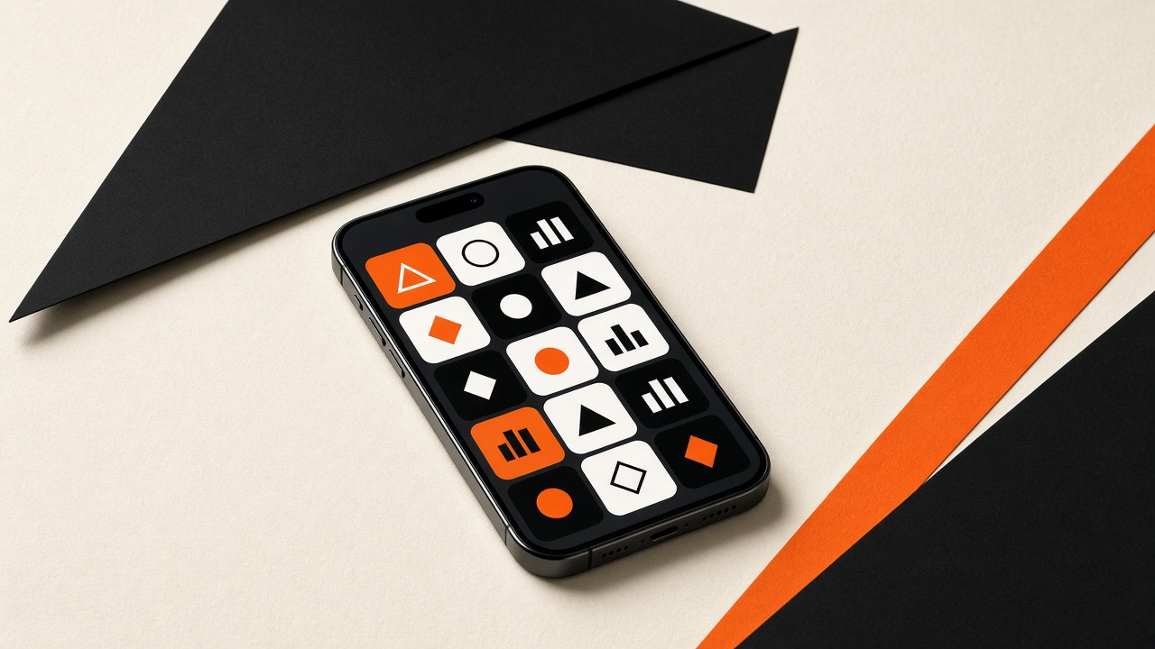 Téléphone montrant une grille de jeux aux formes géométriques noir, blanc et orange