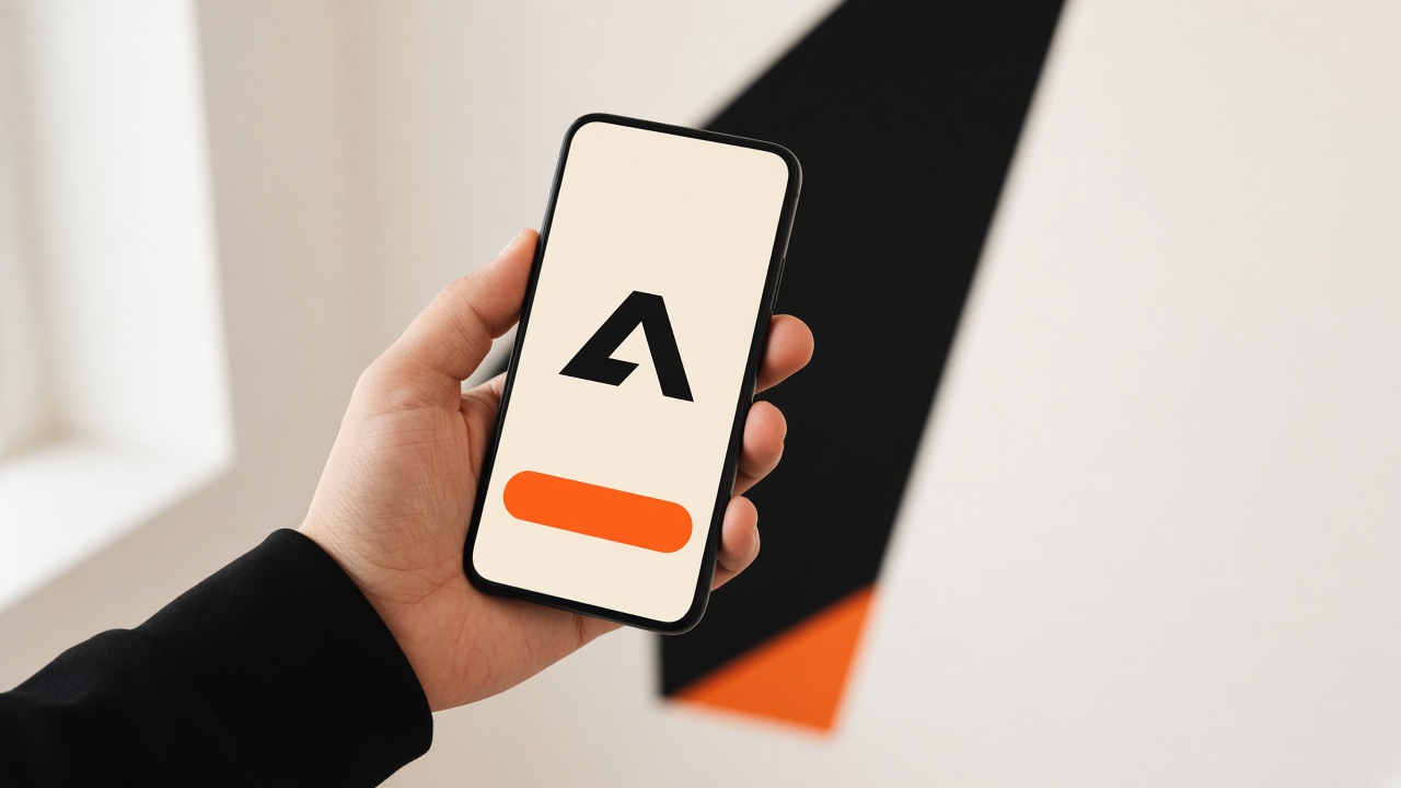 Main tenant un téléphone avec un écran d’application aux aplats crème, noir et orange